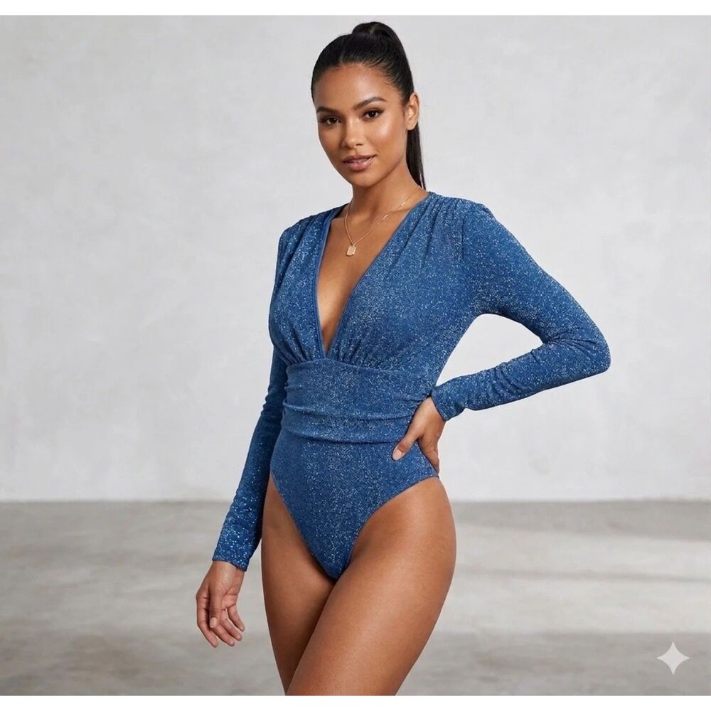 Floerns Bodysuit Womens L Ruched Front Deep V Leotard Long Sleeve Glitter New